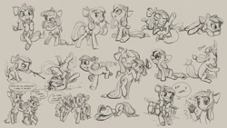 Size: 3000x1688 | Tagged: safe, artist:ruffu, apple bloom, applejack, sweetie belle, earth pony, pony, unicorn, g4, crying, facial expressions, female, filly, littlest pet shop, mare, older, sketch, sketch dump, zoe trent