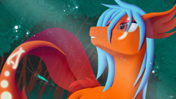 Size: 3265x1837 | Tagged: safe, artist:mystic-l1ght, oc, oc only, merpony, seapony (g4), blue mane, bubble, dorsal fin, female, fish tail, flowing tail, glowing, jewelry, looking up, moonlight, necklace, night, ocean, red eyes, signature, smiling, solo, sunlight, swimming, tail, underwater, water
