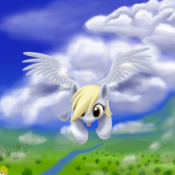 Size: 2000x2000 | Tagged: safe, artist:stellardust, derpibooru exclusive, derpy hooves, pegasus, pony, g4, :p, cloud, cute, derpabetes, female, high res, looking down, mare, river, solo, spread wings, stuck, stuck in a cloud, tongue out, tree, wings