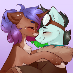 Size: 700x700 | Tagged: safe, artist:redslipp, oc, oc only, oc:gryph xander, oc:midnight winds, pegasus, pony, unicorn, blushing, clothes, commission, couple, cute, female, goggles, happy, jacket, love, male, middergryph, nuzzling, shipping, watermark, ych result