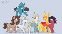 Size: 2151x1177 | Tagged: safe, artist:beefgummies, oc, oc only, oc:beef gummies, oc:brynn, oc:fat jellyfish, oc:penny, oc:suspicious dealer, oc:the magical pony dude, changedling, changeling, earth pony, pegasus, pony, unicorn, :p, bedroom eyes, black mane, black tail, blue background, blue coat, blue eyes, blushing, brown coat, brown eyes, brown mane, brown tail, changedling oc, changeling oc, cheek squish, clothes, curly mane, curly tail, cute, cutie mark, earth pony oc, emanata, eye clipping through hair, eye contact, eyebrows, eyebrows visible through hair, female, floppy ears, flying, group, happy, height difference, hoodie, horn, looking at each other, looking over shoulder, male, mlp fim's eleventh anniversary, pegasus oc, poofy mane, red coat, sextet, signature, simple background, smiling, squishy cheeks, standing, striped mane, striped tail, tail, tongue out, trotting, two toned mane, two toned tail, unicorn oc, volumetric mouth, wall of tags, white coat, wholesome, wingding eyes, wings, yellow mane, yellow tail