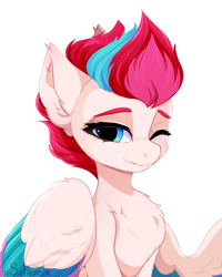 Size: 4000x5000 | Tagged: safe, artist:xsatanielx, zipp storm, pegasus, pony, g5, my little pony: a new generation, absurd resolution, adorazipp, bust, chest fluff, cute, ear fluff, female, fluffy, mare, one eye closed, simple background, solo, white background, wink