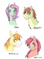 Size: 1280x1708 | Tagged: safe, artist:lovelyluckyy, oc, oc only, oc:apple crust, oc:lilac, oc:mcintosh jr., oc:sun petal, earth pony, pegasus, pony, bust, female, half-siblings, magical lesbian spawn, male, mare, offspring, parent:big macintosh, parent:fluttershy, parent:tree hugger, parents:flutterhugger, parents:fluttermac, siblings, simple background, stallion, white background