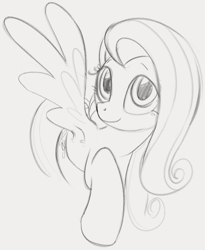 Size: 730x891 | Tagged: safe, artist:dotkwa, fluttershy, pegasus, pony, g4, cute, female, grayscale, looking at you, mare, monochrome, raised hoof, shyabetes, sketch, smiling, smiling at you, solo, spread wings, wings