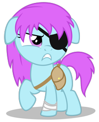 Size: 2560x3170 | Tagged: safe, artist:strategypony, earth pony, pony, adult swim, angry, bag, bandage, come and learn with pibby!, eyepatch, female, filly, high res, messy mane, pibby, ponified, reference to another series, saddle bag, simple background, transparent background
