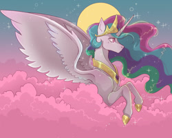 Size: 1280x1024 | Tagged: safe, artist:synubus, princess celestia, alicorn, pony, g4, cloud, crown, ethereal mane, feather, female, flowing mane, hoof shoes, horn, jewelry, moon, night, pink eyes, regalia, signature, starry mane, stars, wings