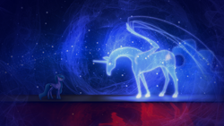 Size: 1920x1080 | Tagged: safe, artist:eqamrd, princess luna, oc, alicorn, horse, pony, alicorn oc, color porn, cutie mark, duo, ethereal body, ethereal mane, ethereal tail, ethereal wings, female, horn, long mane, looking at someone, looking down, mare, mlp fim's eleventh anniversary, reflection, spirit, spread wings, tail, wallpaper, wings