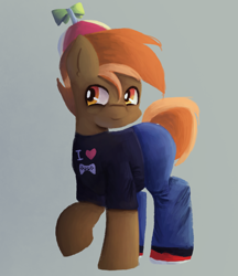 Size: 1298x1500 | Tagged: safe, artist:menalia, button mash, earth pony, pony, g4, clothes, colt, controller, gray background, happy, heart, male, pants, shirt, shoes, simple background, smiling, sneakers, solo, t-shirt, text