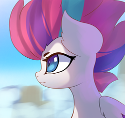 Size: 2600x2464 | Tagged: safe, artist:jfrxd, zipp storm, pegasus, pony, g5, my little pony: a new generation, big ears, big eyes, big hair, blurry background, bust, eyebrows, female, high res, mare, serious, simple background, solo, wings