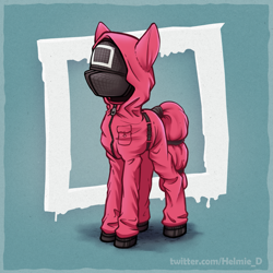 Size: 1815x1814 | Tagged: safe, artist:helmie-art, oc, oc only, unnamed oc, pony, clothes, crossover, fanart, hood, jumpsuit, mask, outfit, pink guard (squid game), ponified, rule 85, solo, square, squid game, standing, three quarter view