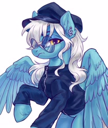 Size: 2802x3318 | Tagged: safe, artist:lunnita_pony, oc, oc only, oc:ice, pegasus, pony, clothes, commission, ear piercing, earring, female, glasses, hat, high res, jewelry, lidded eyes, looking at you, mare, piercing, simple background, solo, white background