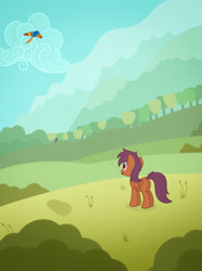 Size: 1280x1707 | Tagged: safe, artist:veeayydee, oc, oc only, oc:brainstorm (alexdti), oc:purple creativity, oc:star logic, oc:think pink, oc:vee, pegasus, pony, unicorn, butt, cloud, female, folded wings, grass, kite, kite flying, mare, mouth hold, not scootaloo, outdoors, pegasus oc, plot, shadow, standing, tail, trace, tree, wings