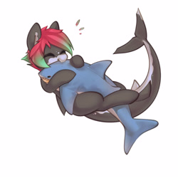 Size: 2500x2500 | Tagged: safe, alternate character, alternate version, artist:mirroredsea, oc, oc only, oc:freef, original species, pony, shark, shark pony, g4, blåhaj, commission, cute, eyes closed, female, high res, hug, mare, plushie, shark plushie, simple background, smiling, solo, white background, your character here