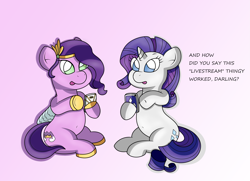 Size: 3503x2543 | Tagged: safe, artist:sparkfler85, pipp petals, rarity, pegasus, pony, unicorn, g4, g5, my little pony: a new generation, adorapipp, cellphone, cute, female, g4 to g5, high res, hoof hold, mare, mlp fim's eleventh anniversary, phone, pipp and her heroine, simple background, sitting, smartphone, text, that pony sure does love phones