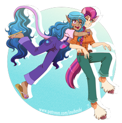 Size: 1686x1698 | Tagged: safe, artist:inuhoshi-to-darkpen, izzy moonbow, sunny starscout, human, satyr, g5, my little pony: a new generation, braid, clothes, dark skin, duo, elf ears, feet, female, hooves, hug, humanized, jeans, leonine tail, nail polish, one eye closed, open mouth, overalls, pants, pointed ears, sandals, satyrized, shoe dangling, simple background, tail, tailed humanization, toenail polish, transparent background, unicorns as elves, unshorn fetlocks