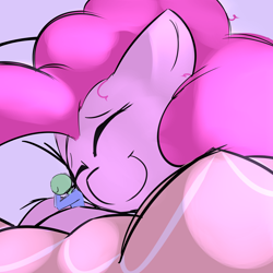 Size: 2000x2000 | Tagged: safe, artist:askcanadash, pinkie pie, oc, oc:anon, pony, g4, bed, cute, diapinkes, high res, macro, micro, moonlight, sleeping, snuggling