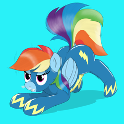 Size: 1512x1512 | Tagged: safe, artist:eels, rainbow dash, pegasus, pony, g4, blue background, clothes, face down ass up, female, gritted teeth, iwtcird, mare, meme, simple background, snorting, solo, teeth, uniform, wonderbolts uniform