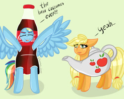 Size: 1280x1024 | Tagged: safe, artist:anastasiaplisetskaya, earth pony, pegasus, pony, bipedal, bottle, bottle costume, clothes, coca-cola, coca-cola costume, costume, drink, drink costume, duo, eyes closed, female, food, food costume, halloween, holiday, ponytober, simple background, tea costume, tea cup costume, tea kettle, tea kettle costume