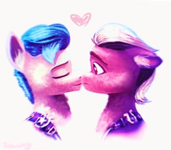 Size: 1552x1368 | Tagged: safe, artist:fraumflug, hitch trailblazer, sprout cloverleaf, earth pony, pony, g5, my little pony: a new generation, badge, boop, bust, cute, eyes closed, gay, heart, hitchsprout, male, maledom, malesub, noseboop, portrait, sash, sheriff's badge, shipping, simple background, stallion, stallion on stallion, submissive, white background