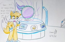 Size: 1889x1220 | Tagged: safe, artist:gmangamer25, starlight glimmer, anthro, plantigrade anthro, g4, ball, dialogue, glimmerball, male, miles "tails" prower, rolling, sonic the hedgehog (series), spin dash, traditional art