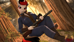 Size: 7680x4320 | Tagged: safe, artist:loveslove, oc, oc only, oc:blackjack, unicorn, anthro, fallout equestria, fallout equestria: project horizons, 3d, absurd file size, absurd resolution, clothes, commission, day, double barreled shotgun, fanfic art, female, forest, gun, horn, jumpsuit, looking at you, outdoors, shotgun, sitting, solo, source filmmaker, tree, unicorn oc, vault suit, weapon