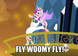 Size: 644x467 | Tagged: safe, edit, edited screencap, screencap, princess cadance, shining armor, alicorn, pony, unicorn, g4, season 3, the crystal empire, arched back, bipedal, caption, cropped, epic wife tossing, hub logo, image macro, male, smg4, stallion, text, unshorn fetlocks