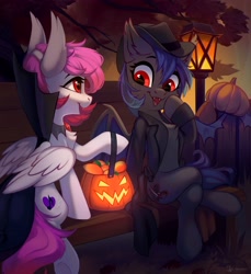 Size: 3600x3936 | Tagged: safe, artist:taneysha, oc, oc only, oc:ellie berryheart, bat pony, pegasus, pony, bat pony oc, female, food, halloween, high res, holiday, mango, outdoors, pegasus oc, pumpkin