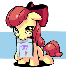 Size: 649x697 | Tagged: safe, artist:gsphere, edit, apple bloom, earth pony, pony, g4, boop request, female, filly, mouth hold, notebook, solo