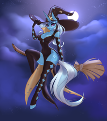 Size: 3471x3933 | Tagged: safe, artist:u_lu_lu, trixie, unicorn, anthro, unguligrade anthro, absolute cleavage, breasts, broom, cleavage, clothes, female, flying, flying broomstick, hat, high res, horn, leggings, looking at you, night, night sky, sky, solo, stupid sexy trixie, witch, witch costume, witch hat