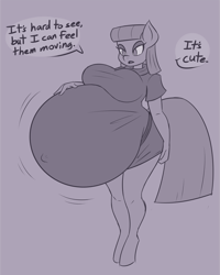 Size: 2269x2836 | Tagged: safe, artist:funble, maud pie, earth pony, anthro, unguligrade anthro, g4, belly, belly button, big belly, big breasts, breasts, busty maud pie, clothes, dialogue, dress, female, hand on belly, high res, huge belly, hyper, hyper belly, hyper pregnancy, impossibly large belly, outie belly button, pregnant