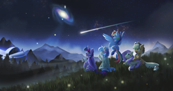 Size: 3840x2025 | Tagged: safe, artist:oofycolorful, applejack, fluttershy, rainbow dash, twilight sparkle, oc, oc:lrivulet, oc:zoran, oc:左岸, alicorn, pony, g4, 2021aceg, andromeda galaxy, eye clipping through hair, high res, mountain, night, notebook, nova, observatory, quill, scenery, shooting star, sky, stars, supernova, twilight sparkle (alicorn)