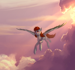 Size: 2600x2400 | Tagged: safe, artist:miurimau, oc, oc only, oc:asperitas, pegasus, pony, cloudscape, crepuscular rays, flying, high res, smiling, solo