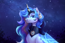 Size: 3000x2000 | Tagged: safe, artist:sparkling_light, oc, oc only, alicorn, pony, abstract background, armor, bust, crown, female, high res, horn, horn ring, jewelry, looking at you, mare, necklace, night, portrait, regalia, ring, smiling, smiling at you, solo