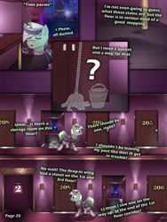 Size: 2600x3463 | Tagged: safe, artist:jesterpi, oc, oc:jester pi, pegasus, pony, comic:a jester's tale, breath, bucket, cleaning, clothes, comic, corridor, dirty, exhale, eyes closed, high res, horn, lamp, maid, manehattan, mop, panic, pegacorn, room, slice of life, stain, standing, sweat, sweatdrops, text, trotting, wardrobe