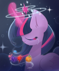 Size: 1750x2100 | Tagged: safe, artist:miryelis, twilight sparkle, alicorn, pony, g4, crying, element of generosity, element of honesty, element of kindness, element of laughter, element of loyalty, element of magic, elements of harmony, eyes closed, female, glowing, glowing horn, horn, solo, teary eyes, twilight sparkle (alicorn)