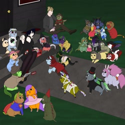 Size: 1920x1920 | Tagged: safe, artist:kerosinecannibal, oc, oc:avocado, oc:bonnie, oc:doctor crazystein, fluffy pony, clothes, costume, fluffy pony original art, halloween, holiday, hugbox