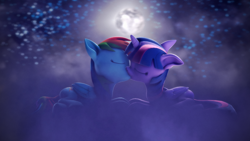 Size: 2048x1152 | Tagged: safe, artist:psfmer, rainbow dash, twilight sparkle, alicorn, pegasus, pony, g4, 3d, duo, duo female, eyes closed, female, folded wings, full moon, horn, kiss on the lips, kissing, lesbian, mare, moon, revamped ponies, ship:twidash, shipping, source filmmaker, twilight sparkle (alicorn), wings