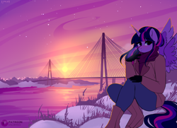 Size: 3900x2826 | Tagged: safe, artist:xjenn9, twilight sparkle, alicorn, anthro, g4, bridge, clothes, female, high res, looking at you, scarf, scenery, sitting, snow, solo, spread wings, sun, twilight sparkle (alicorn), wings, winter