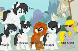 Size: 1021x668 | Tagged: safe, artist:mythoschan, earth pony, pegasus, pony, unicorn, dreamworks, king julien, kowalski, madagascar (dreamworks), marlene, ponified, private (madagascar), rico, skipper, the penguins of madagascar