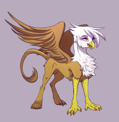Size: 2989x3057 | Tagged: safe, artist:1an1, gilda, griffon, g4, eye clipping through hair, eyebrows, eyebrows visible through hair, female, high res, open mouth, pubic fluff, purple background, simple background, solo, spread wings, wings