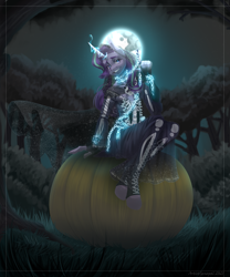 Size: 2500x3000 | Tagged: safe, artist:artistgenepal, starlight glimmer, unicorn, anthro, unguligrade anthro, g4, chains, clothes, curved horn, dress, female, forest, full moon, glowing, glowing horn, grim reaper, grin, high res, horn, moon, night, pumpkin, skull, smiling, solo, tree