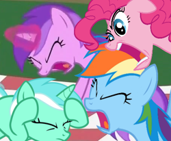 Size: 453x373 | Tagged: safe, edit, edited screencap, screencap, amethyst star, lyra heartstrings, pinkie pie, rainbow dash, sparkler, earth pony, pegasus, pony, unicorn, g4, ducking, eyes closed, female, glowing, glowing horn, horn, lying down, mare, open mouth, picnic blanket, prone, yelling