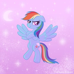 Size: 800x800 | Tagged: safe, artist:flutterberrypie, rainbow dash, pegasus, pony, g4, crossed arms, female, floppy ears, flying, looking at you, moon, night, simple background, sky, smiling, solo, spread wings, stars, wings