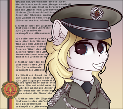 Size: 2250x2000 | Tagged: safe, artist:lakunae, oc, oc:aryanne, earth pony, pony, blackletter, clothes, east germany, female, german, german text, germany, gradient background, hat, high res, internationale, mare, military, military uniform, nva, ostdeutschland, peaked cap, smiling, socialism, solo, uniform