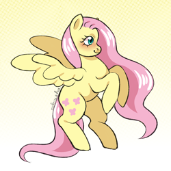Size: 3600x3600 | Tagged: safe, artist:mokrysha, fluttershy, pegasus, pony, g4, blushing, female, gradient background, high res, mare, profile, rearing, solo, spread wings, wings
