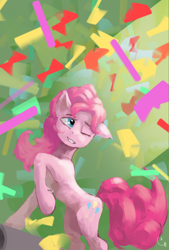 Size: 4160x6144 | Tagged: safe, artist:thelordgemm, pinkie pie, earth pony, pony, g4, confetti, female, one eye closed, raised hoof, solo, wink