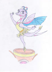 Size: 1280x1762 | Tagged: safe, artist:insert-artistic-nick, twilight sparkle, dragon, a royal problem, g4, season 7, arabesque, arms out, ballerina, ballet, ballet slippers, clothes, dragoness, dragonified, female, music box, pose, species swap, standing on one leg, traditional art, tutu, twilarina, twilidragon, wings