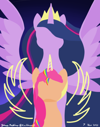Size: 1100x1400 | Tagged: safe, artist:rockhoppr3, sunny starscout, twilight sparkle, alicorn, earth pony, pony, g5, my little pony: a new generation, the last problem, artificial wings, augmented, duo, female, horn, lineless, magic, magic horn, magic wings, mane stripe sunny, mlp fim's eleventh anniversary, older, older twilight, older twilight sparkle (alicorn), princess twilight 2.0, race swap, silhouette, sunny and her heroine, sunnycorn, twilight sparkle (alicorn), wings
