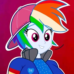 Size: 959x960 | Tagged: safe, artist:derrick schz, rainbow dash, equestria girls, g4, alternate hairstyle, backwards ballcap, baseball cap, big breasts, breasts, bust, busty rainbow dash, cap, clothes, drawing, eyebrows, eyebrows visible through hair, female, gradient background, hat, jacket, shirt, signature, smiling, solo