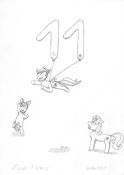 Size: 2160x3053 | Tagged: safe, artist:moon flower, derpibooru exclusive, apple bloom, scootaloo, sweetie belle, earth pony, pegasus, pony, unicorn, g4, 11, 2021, balloon, bipedal, bowtie, cheering, cringing, cutie mark crusaders, feathered wings, female, floating, floppy ears, grayscale, hair, hanging, happy, high res, hooves, horn, logo, mane, mlp fim's eleventh anniversary, monochrome, pencil drawing, rope, signature, spread wings, standing, tail, this will end in tears and/or death and/or covered in tree sap, traditional art, trio, trio female, wings, worried